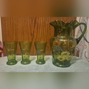 Antique Bohemian Green Enamel Glass Pitcher w/ 3 Tumblers Floral Butterfly Set